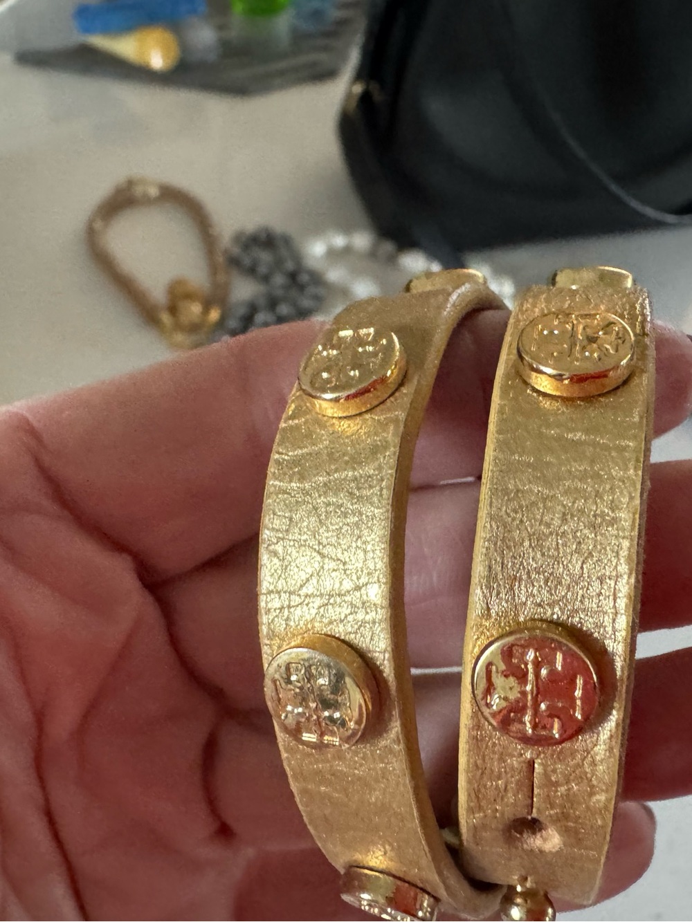 Tory Burch Metallic Gold Double-Wrap Logo Stud Bracelet - Picture 2 of 4